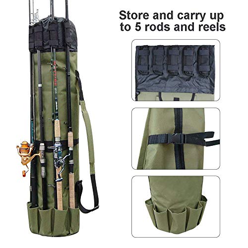 Allnice Durable Canvas Fishing Rod & Reel Organizer Bag Travel Carry Case Bag- Holds 5 Poles & Tackle