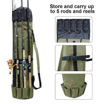Allnice Durable Canvas Fishing Rod & Reel Organizer Bag Travel Carry Case Bag- Holds 5 Poles & Tackle