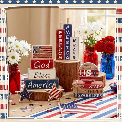 11 Pcs 4th of July Table Decorations Set Patriotic Tiered Tray Decor Set Blue Red White Table Centerpieces Sign for 4th of July Office Home Shelf 250th Anniversary - style: Patriotic