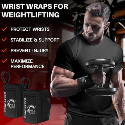 Elastic Cotton Weightlifting Wrist Wraps with Thumb Loops, 1 Pair - color: Black, style: 12" – Arms on Fire