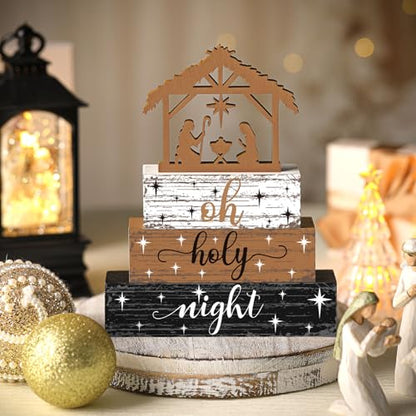 4 Pieces Christmas Nativity Scene Table Decorations Xmas Wooden Silent Night Block Signs Holy Night Tabletop Centerpieces Farmhouse Tiered Tray Decor for Home Table Kitchen Shelf - style: Jesus
