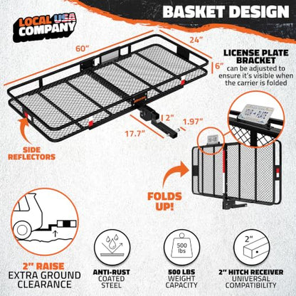 Mockins 60"x24"x6" XL Heavy Duty Trailer Hitch Cargo Carrier w/ 500 Lbs Cap - size: Large: 60"x24"x6"