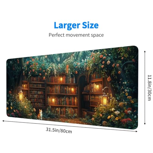 Forest Library Desk Mat Secret Garden Cat Fairy Tale Light Mousepad XL Large Gaming Mouse Pad Laptop Keyboard Mat Desk Pad For Office Desktops, Home Workstations, and Laptops 31.5x11.8 Inch