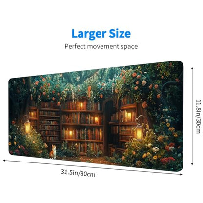 Forest Library Desk Mat Secret Garden Cat Fairy Tale Light Mousepad XL Large Gaming Mouse Pad Laptop Keyboard Mat Desk Pad For Office Desktops, Home Workstations, and Laptops 31.5x11.8 Inch