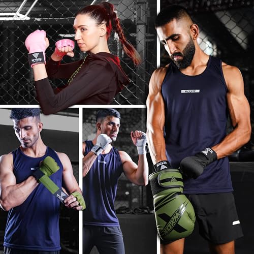 WYOX Boxing Hand Wraps Inner Gloves & Curved Focus Mitts Bundle for Men & Women Adults – 80cm Wrist Support, Gel Padding, MMA Muay Thai Kickboxing Training Gloves & Pads