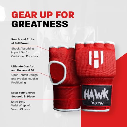 Hawk Padded Inner Gloves Training Gel Elastic Hand Wraps for Boxing Gloves Quick Wraps Men & Women Kickboxing Muay Thai MMA Bandages Fist Knuckle Wrist Wrap Protector Handwraps (Pair) - color: Red