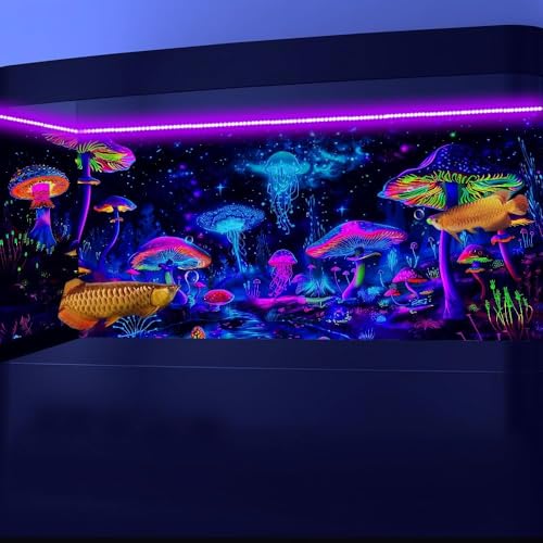 72X16IN Blacklight Mushroom Jellyfish Aquarium Background UV Reactive Background Starry Sky Terrarium Background with 10 EVA Double-Sided Tape - size: 72X16in/180X40cm