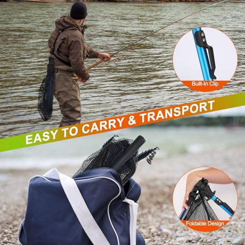 Foldable Fishing Net with Aluminum Alloy Rod EVA Handle Durable 5MM Hexagonal Nano Coating Nylon Mesh Collapsible Landing Net Safe Fish Catching or Releasing