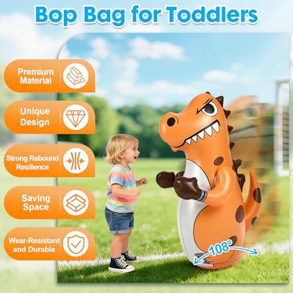 Inflatable Dinosaur Punching Bag for Kids, 47" Toddler Blow up Bop Bag for Ages 3-14, Children Boxing Toys & Gifts with Bounce-Back Action