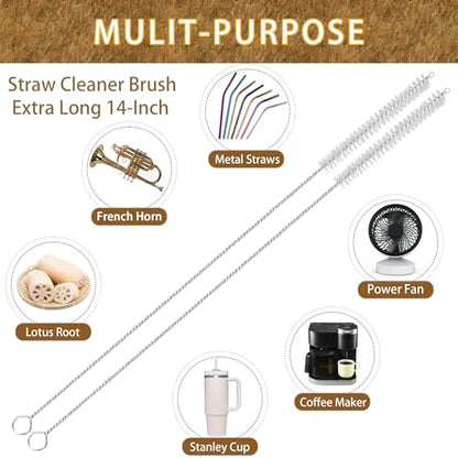 Straw Cleaner Brush Extra Long 14 Inch, 8-PCS Straw Brush Extra Long with 304 Stainless Steel Handle, Extra Long Pipe Tube Cleaner for Water Bottle, Coffee Kettle and Pipes.