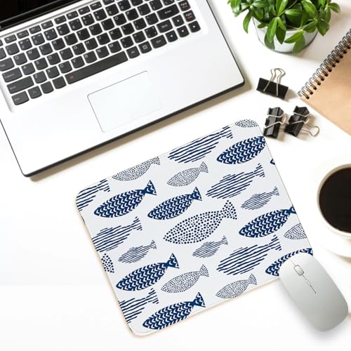 Navy Blue Fish Mouse Pad for Desk,Cute Coastal Desk Mat Gaming Mouse Mat for Home Office,Boho Blue and White Mouse Pad for Women Girls 8.25x10In - color: Navy Blue Fish