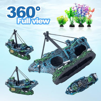 8Pcs Fish Tank Decorations Set Sunken Ship Decoration,Resin Material Fish Tank Accessories Accessories for Natural Look, Aquarium Shipwreck x 1pc, Aquatic Plants x 7pcs