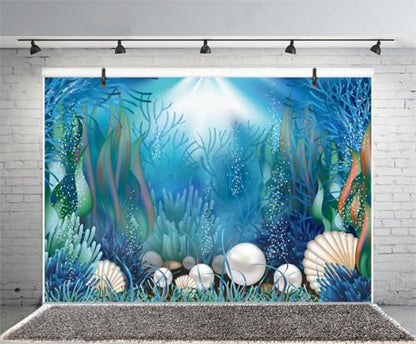9x6ft Fairytale Undersea Pearl Shell Backdrop Deep Sea Plants Coral Pearl Mussels Underwater Mermaid's Shelter Background for Photography Happy Birthday Party Banner Baby Shower Photo Booth - size: 9x6ft
