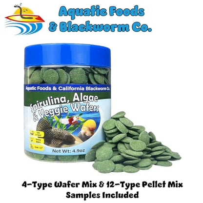 12mm - 1/2" Small Sinking Wafers of Spirulina, Algae & Veggies for Plecos, Catfish, Shrimp, Snails, Crabs, Crayfish, 12-Type Pellet Mix & 4-Type Wafer Mix Included..4.9oz Canister