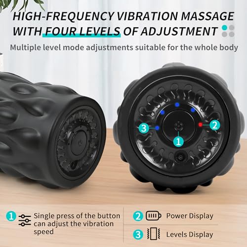 High-Density Vibrating Foam Roller Black with 4 Customizable Speeds for Deep Tissue Massage, Muscle Recovery and Pain Relief -Rechargeable with Portable Bag