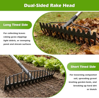 77-Inch Bow Rake, Heavy Duty Metal Garden Rake with 17 Tines & Adjustable Handle – Landscape Rake for Moving Gravel,Loosening Soil,Leveling Ground,Gathering Leaves,Spreading Mulch–Lawn Yard Farm Tool