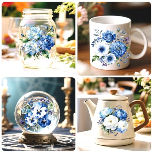Peacoblue 18 Sheets Rub on Transfers for Crafts, Blue Flower Bunch 3.6"x3.9" UV DTF Cup Wraps Waterproof Rub on Cold Transfers Stickers for Wood Glass Metal Cup Tumblers Mirrors Mugs Home Decor - style: Blue Flower Bunch