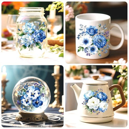 Peacoblue 18 Sheets Rub on Transfers for Crafts, Blue Flower Bunch 3.6"x3.9" UV DTF Cup Wraps Waterproof Rub on Cold Transfers Stickers for Wood Glass Metal Cup Tumblers Mirrors Mugs Home Decor - style: Blue Flower Bunch