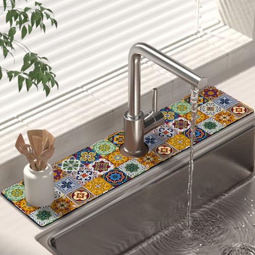 Kitchen Sink Splash Guard Faucet Mat 24" X 5.5" Talavera Mexican Tiles Absorbent Fast Drying Mat Faucet Draining Mat Sink Splash Guard Behind Faucet Drip Catcher for Kitchen Bathroom - color: tile01, size: 24*5.5in