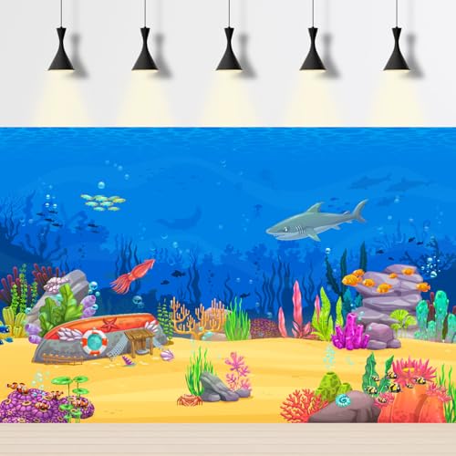 Underwater Cartoon Landscape Aquarium Background Adventurous Sea Scene Shark Sunken Boat Squid Fish Shoal Terrarium Background Deep Blue Sea Marine Life Game Level Fish Tank Backdrop Vinyl 24x16in - color: Cartoon Yellow, size: 24(W)x16(H)in