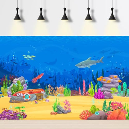 Underwater Cartoon Landscape Aquarium Background Adventurous Sea Scene Shark Sunken Boat Squid Fish Shoal Terrarium Background Deep Blue Sea Marine Life Game Level Fish Tank Backdrop Vinyl 24x16in - color: Cartoon Yellow, size: 24(W)x16(H)in