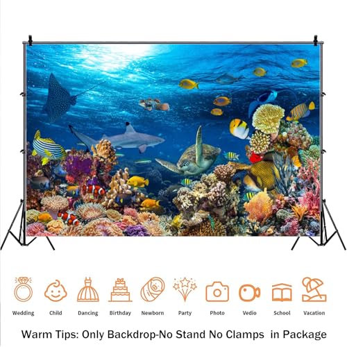 Yeele 10x7ft Deep Sea Animal Backdrop Underwater Ocean Animals Tropical Fishes Turtle Coral Reef Background Under The Sea Mermaid Birthday Party Decor Aquarium Photo Background