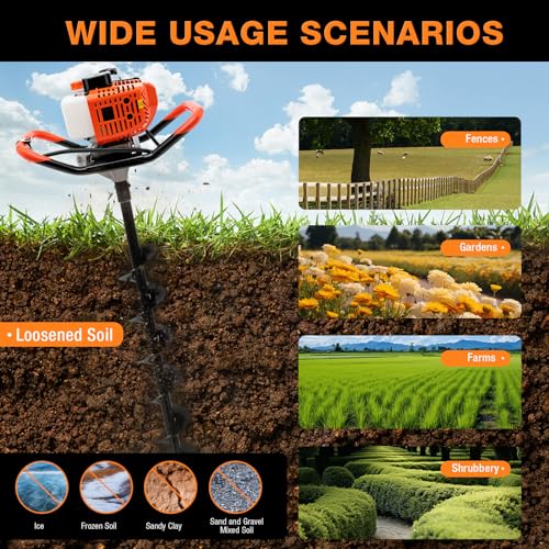 52Cc Auger Post Hole Digger,2-Stroke Petrol Gas Powered Earth Digger Earth Auger with 3 Digging Machine Drill Bits 4" 6" 8" and 3 Extension Rods for Tree Planting Holes,Fence Stakes,Greenhouse Stakes