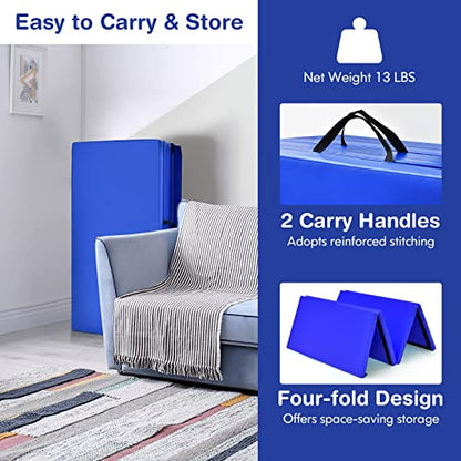 GYMAX Gymnastics Mat, 4 FT x 8 FT x 2 Inches Folding Exercise Mat w/Carry Handles & Sturdy Stitching Waterproof Cover, Tumbling Mat for Yoga Stretching Martial Arts Home Gym - color: Dark Blue