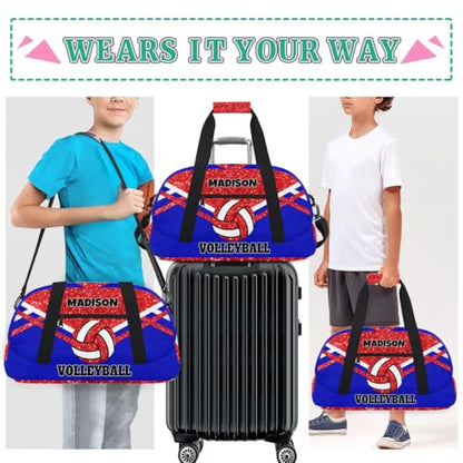 Custom Names Volleyball Bag, Red Bling Glittering with Royal Blue | Personalized Name Gymnastics Sport Bag Women (not real glitter) - color: Red Blue