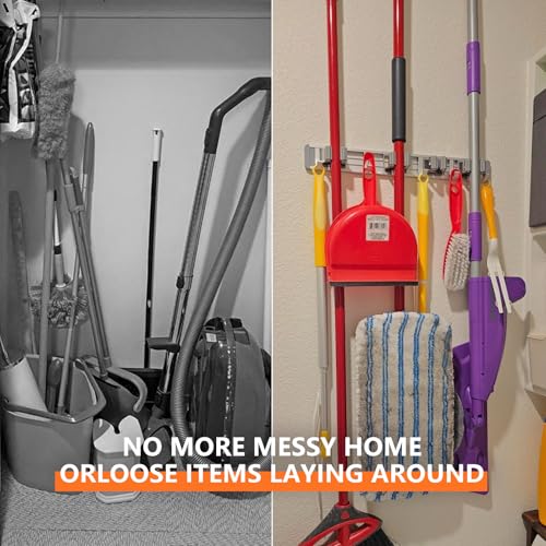 reliahom Broom Holder Wall Mount Mop Hanger Tools organizer 5Racks4Hooks,2P | Adjustable Mop Broom Wall Hanging Heavy Duty Tools Storage Rack Space-saving for Garage,Kitchen,Laundry Room,Garden, Silver - color: Silver