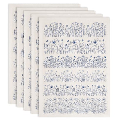 PLIGREAT 5 Pcs Wildflower Underglaze Transfer for Pottery, 20.5x14.6in Ceramic Clay Transfer Paper Blue Ceramic Decals Under Glaze Transfers for Pottery Enamel Decals DIY Handicraft Supplies - style: Wildflower