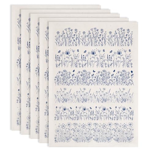 PLIGREAT 5 Pcs Wildflower Underglaze Transfer for Pottery, 20.5x14.6in Ceramic Clay Transfer Paper Blue Ceramic Decals Under Glaze Transfers for Pottery Enamel Decals DIY Handicraft Supplies - style: Wildflower