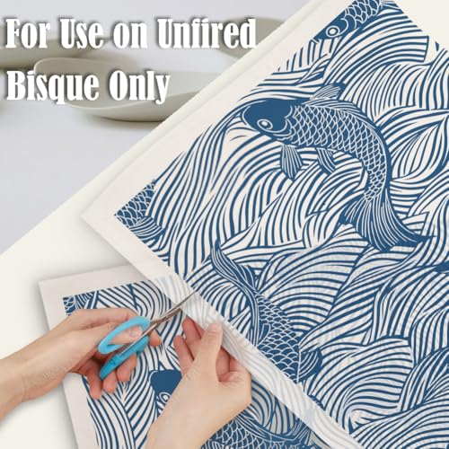SUPERDANT 5PCS Fish and Waves Underglaze Paper Transfer Chinese Style Transfer Paper for Clay Ceramic Porcelain Under Glaze Transfers for Pottery Enamel Decals Blue Underglaze Papers Handcrafted Gifts - style: Fish and Waves
