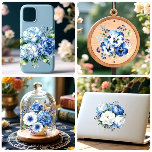 Peacoblue 18 Sheets Rub on Transfers for Crafts, Blue Flower Bunch 3.6"x3.9" UV DTF Cup Wraps Waterproof Rub on Cold Transfers Stickers for Wood Glass Metal Cup Tumblers Mirrors Mugs Home Decor - style: Blue Flower Bunch