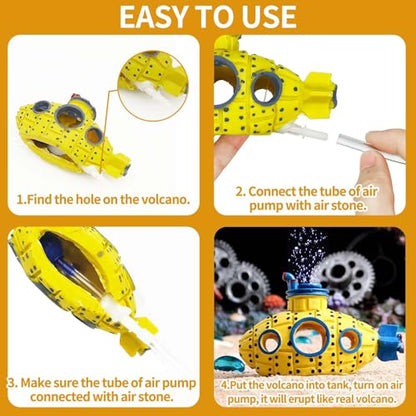 Aquarium Air Bubbler Decoration, Realistic Submarine Ornament for Aquarium Fish Tank (Submarine-Yellow)
