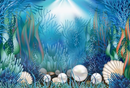 5x3ft Fairytale Undersea Pearl Shell Backdrop Deep Sea Plants Coral Pearl Mussels Underwater Mermaid's Shelter Background for Photography Happy Birthday Party Banner Baby Shower Photo Booth - size: 5x3ft
