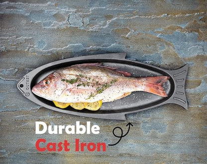 Outset Cast Iron Fish Grill and Serving Pan, 18.9 x 7.28 x 0.98 inch BBQ and Oven Safe Fish Cooking Pan - color: Black, size: 18.9 x 7.28 x 0.98 inches