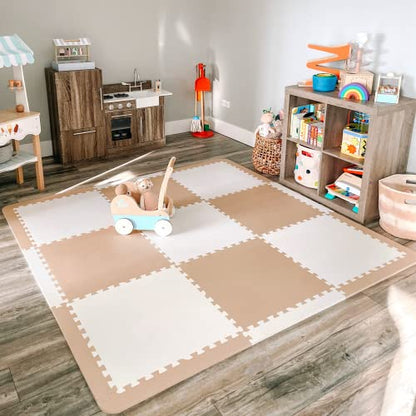 Extra Large Baby Play Mat Tiles Thick Foam Non-Toxic Floor Puzzle Mat Interlocking Activity Playmat for Infants Toddlers Kids Crawling Tummy Time 74x74 Inches (Beige/White) - color: Beige/White