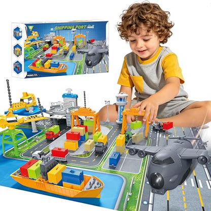 Cargo Ship Toy & Airplane Toy, Toy Boat and Gantry Crane Playset with Play Mat, Transport Containers, Push and Go Vehicle Cars, Kids Play Boats for Boys Girls