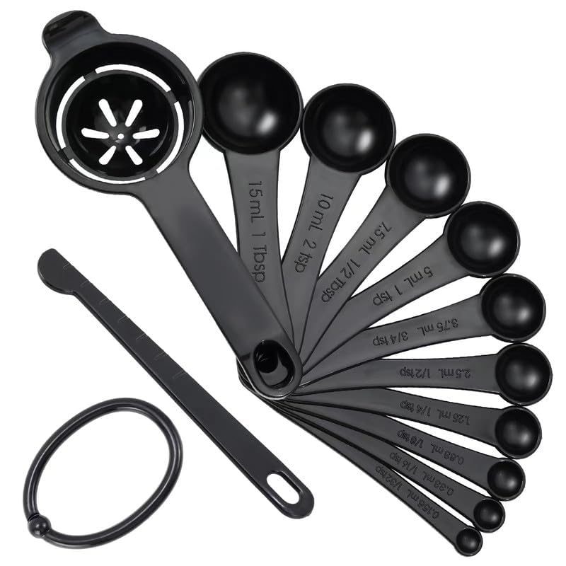 Measuring Spoons, Plastic Measuring Spoons Set with Egg Separator 12-Piece,Black - color: Black