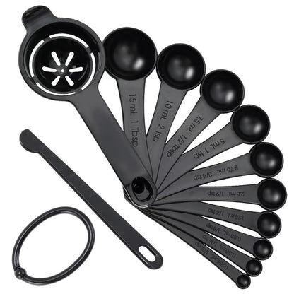 Measuring Spoons, Plastic Measuring Spoons Set with Egg Separator 12-Piece,Black - color: Black