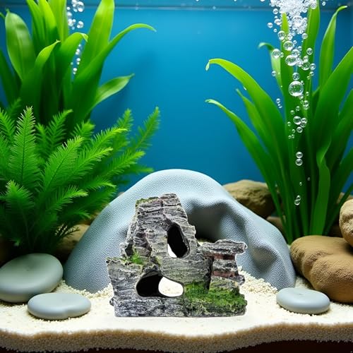 Artificial Moss Rock Aquarium Stone Cave, Resin Fish Tank Decor for Hiding and Landscaping, Small Mountain Terrain Ornament, Natural-Looking Habitat for Fish, Shrimp, and Reptiles, Decoration