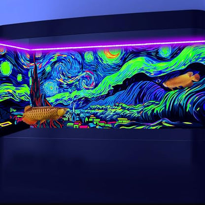 60X24IN Blacklight Vincent Van Gogh Black Light Aquarium Background, UV Fish Tank Background Art Star Oil Painting Terrarium Background with 10 EVA Double-Sided Tape - size: 60X24in/150X60cm
