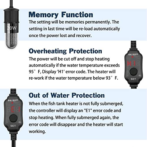Adjustable Mini Aquarium Heater 0.5/1/2/3 Gallon Submersible Small Fish Tank Heater 10W/20W/30W Digital Display Thermostat External Temperature Controller(20W) - size: 20W