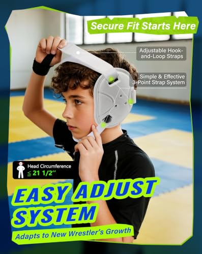 Trymaker Wrestling Headgear, Head Gear for Youth with Chin Cup & Pad - color: White Headgear & White Strap