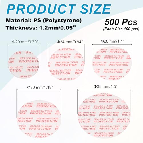 PATIKIL 20/24/28/30/38mm/0.79/0.95/1.1/1.18/1.5" Foam Lid Liner, 500pcs Adhesive Round PS Pressure Sensitive Seals for Plastic Glass Jar Bottle Cap Canning Vials Seals Red Text, White - size: 0.79/0.95/1.1/1.18/1.5 Inch