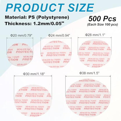 PATIKIL 20/24/28/30/38mm/0.79/0.95/1.1/1.18/1.5" Foam Lid Liner, 500pcs Adhesive Round PS Pressure Sensitive Seals for Plastic Glass Jar Bottle Cap Canning Vials Seals Red Text, White - size: 0.79/0.95/1.1/1.18/1.5 Inch