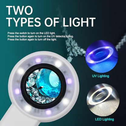 Handheld Magnifier 60X with UV&LED Lights Jeweler Loups Magnifying Glass with 30mm Optical Lens, Touch Light Control, Battery LED Indicator, Rechargeable Loupe Magnifier for Gemstones Watches Plants - size: 60X with Touch Light