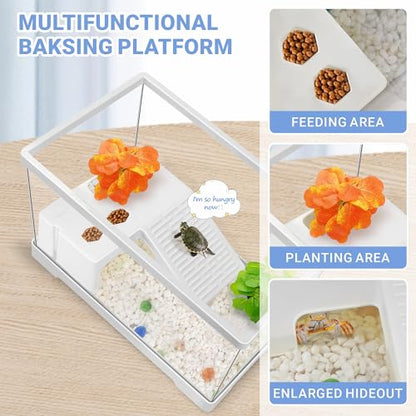 GOZILLA Mini Turtle Tank Kit with Adjustable Lamp, Upgrade PC Hermit Crab Tank,Small Turtle/Hermit Crab Starter Kit with Lid, Hideout Platform for Baby Turtles, Crabs, Fish.(11.8×7.24×7.1''/White Kit) - color: Mini-White02
