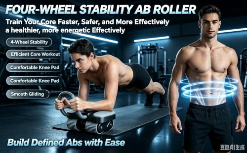 3-Wheel Ab Roller with Flexible Handle, Core Exercise Equipment, Black and Gray